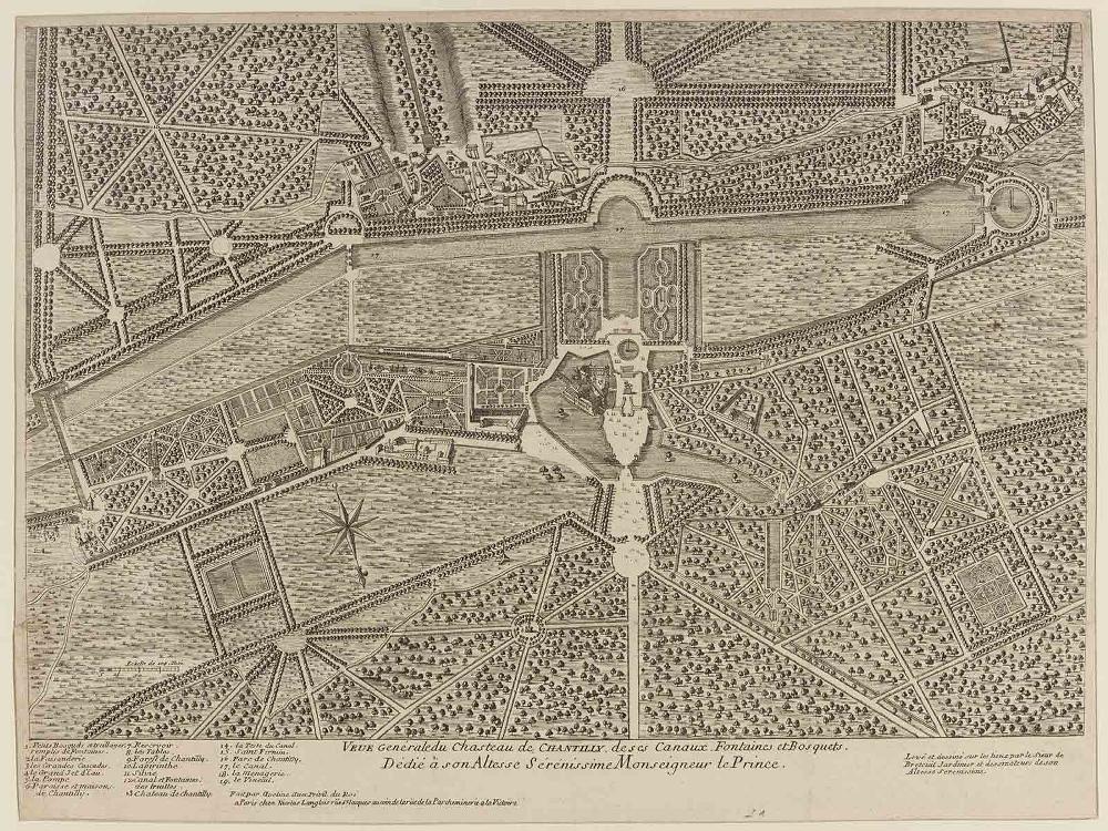 VEUE Générale du Chasteau de CHANTILLY, de ses Canaux, fontaines et Bosquets, / Dédié à Son Altesse Sérénissime Monseigneur le Prince., Antoine Aveline, 1739-1743