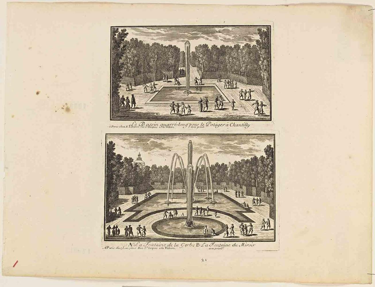Le Bassin quarré-long pres le Potager à Chantilly / A La Fontaine de la Gerbe B La Fontaine du Miroir, Adam Perelle, 1662-1695