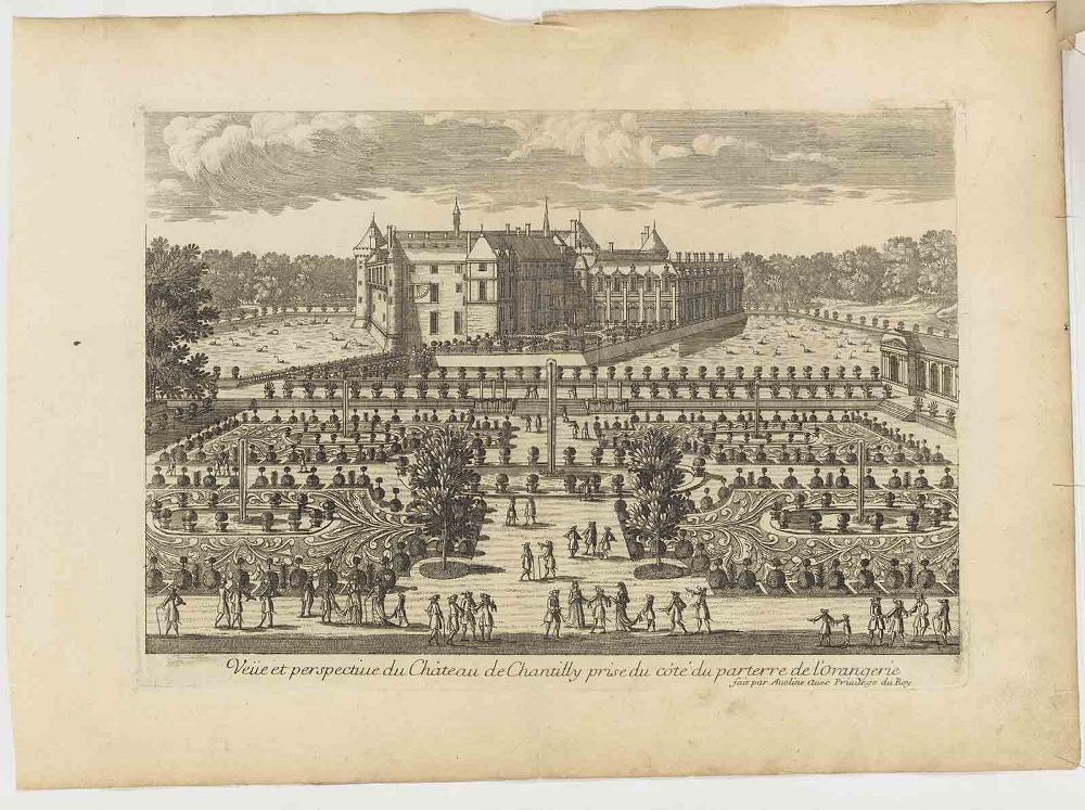 Veüe et perspective du Château de Chantilly prise du côté du parterre de l'Orangerie, Pierre Aveline, 1689 vers