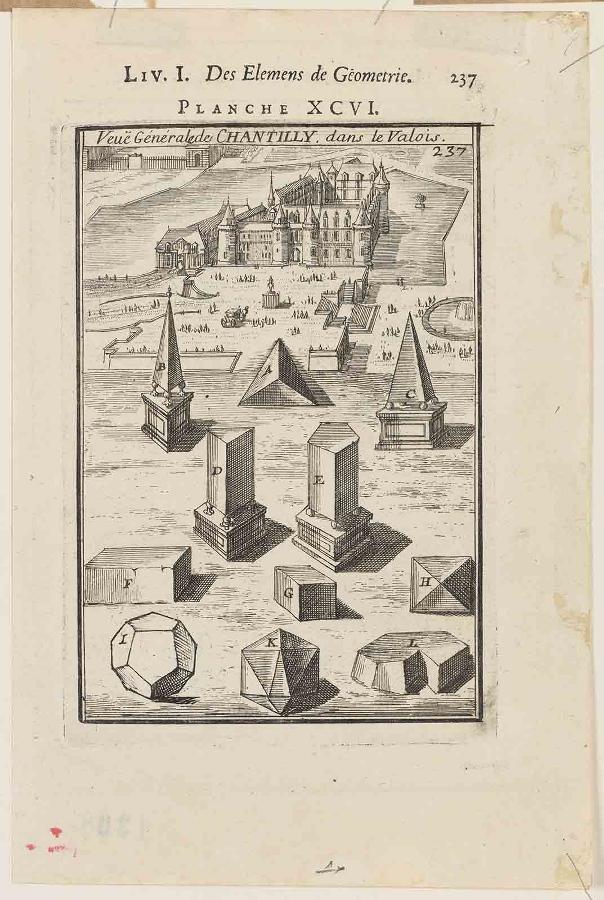 La Géométrie pratique : PLANCHE XCVI. Veüe générale de CHANTILLY dans le Valois / 237 LIV. I. / Des élémens de Géométrie., Allain Manesson-Mallet, 1702