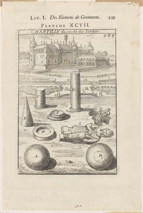 La Géométrie pratique : PLANCHE XCVII. CHANTILLY du costé des Jardins LIV. I. / Des élémens de Géométrie. / 239, Allain Manesson-Mallet, 1702