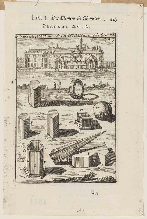 La Géométrie pratique : PLANCHE CV. Le grand et le Petit Château de CHANTILLY du coté de l'Estang. LIV. I. / Des élémens de Géométrie. / 243, Allain Manesson-Mallet, 1702