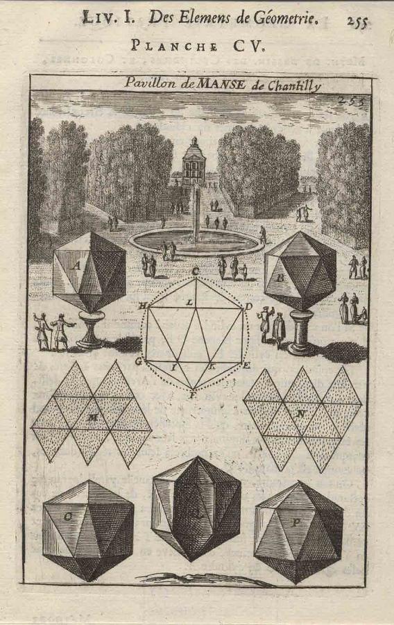 La Géométrie pratique : PLANCHE CV. Pavillon de MANSE à Chantilly LIV. I. Des élémens de Géométrie. / 255, Allain Manesson-Mallet, 1702
