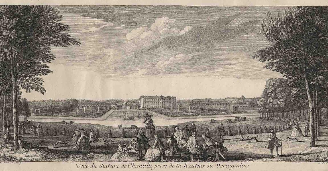 Veüe du chateau de Chantilli prise de la hauteur du Vertugadin., Jacques Rigaud, 1738-1754