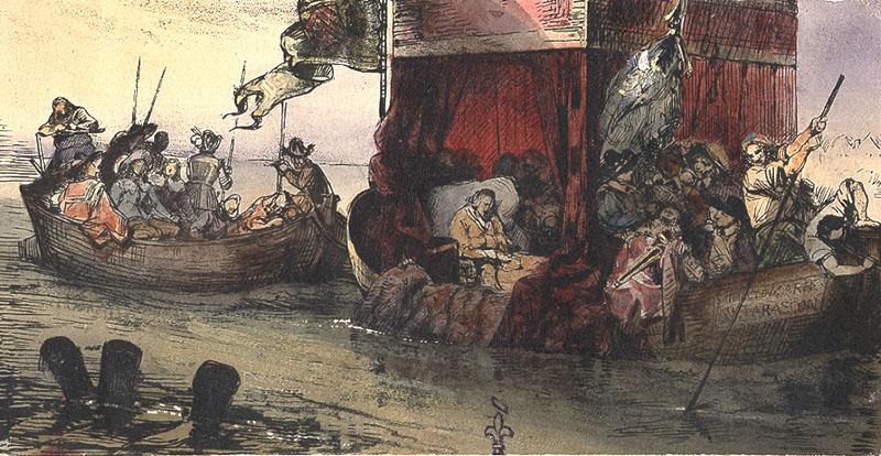 Le cardinal de Richelieu dans une barque, traînant à la remorque Cinq-Mars et de Thou qu'il va faire décapiter à Lyon_0