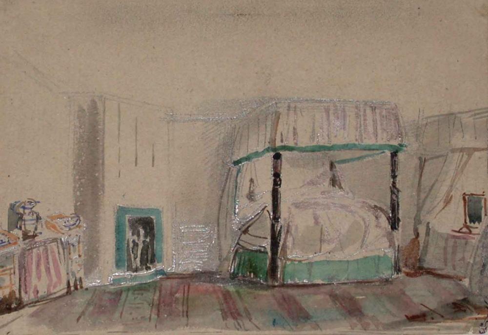 Une chambre d'auberge ; Album de dessins : Voyage en Angleterre, Quadrille de Marie Stuart et Camp de Lunéville, volume in-folio oblong, maroquin rouge., Эжен Луи Лами, 1827