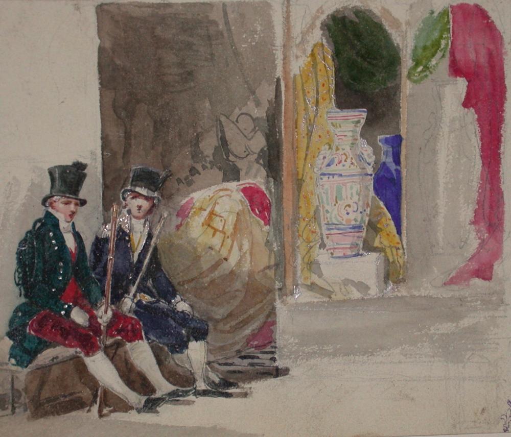 Valets de pied ; Album de dessins : Voyage en Angleterre, Quadrille de Marie Stuart et Camp de Lunéville, volume in-folio oblong, maroquin rouge., Эжен Луи Лами, 1827