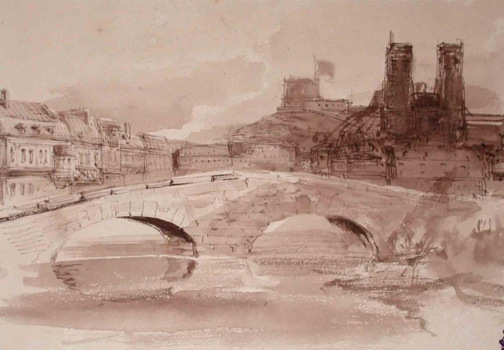 Vue de ville ; Album de dessins : Voyage en Angleterre, Quadrille de Marie Stuart et Camp de Lunéville, volume in-folio oblong, maroquin rouge., Эжен Луи Лами