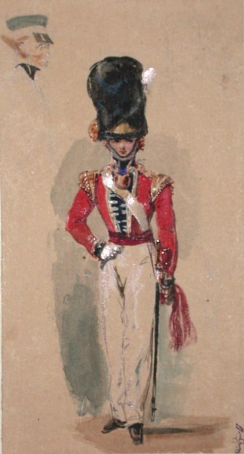 Etude de soldat britanique ; Album de dessins : Voyage en Angleterre, Quadrille de Marie Stuart et Camp de Lunéville, volume in-folio oblong, maroquin rouge., Эжен Луи Лами