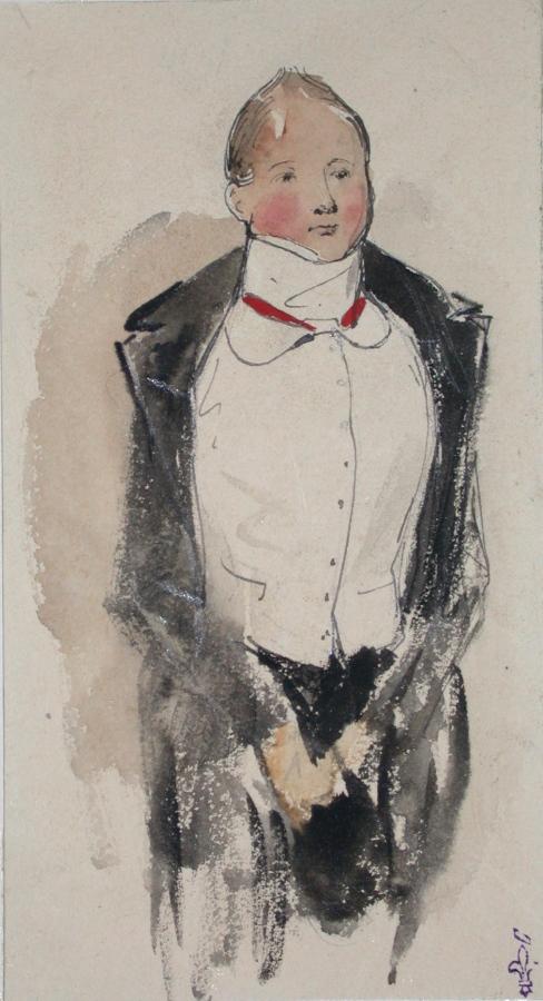 Portrait d'homme portant une redingote noire ; Album de dessins : Voyage en Angleterre, Quadrille de Marie Stuart et Camp de Lunéville, volume in-folio oblong, maroquin rouge., Эжен Луи Лами