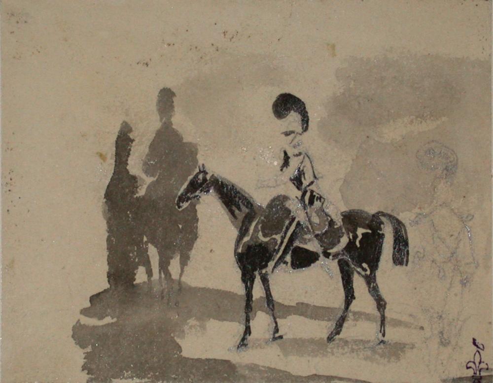 Etude de militaire à cheval ; Album de dessins : Voyage en Angleterre, Quadrille de Marie Stuart et Camp de Lunéville, volume in-folio oblong, maroquin rouge., Эжен Луи Лами