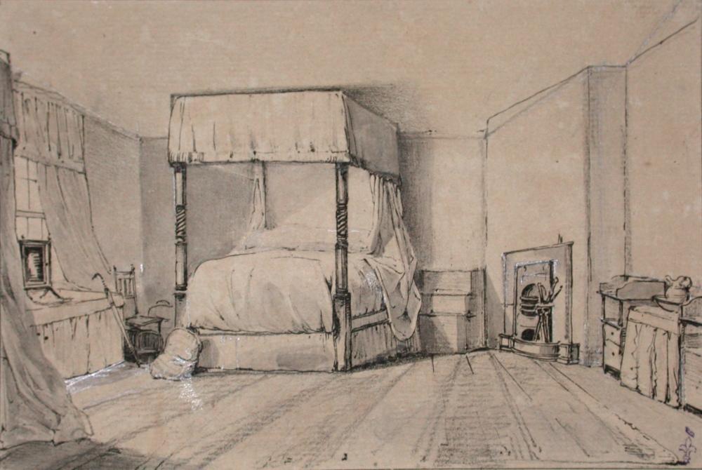 Une chambre d'auberge ; Album de dessins : Voyage en Angleterre, Quadrille de Marie Stuart et Camp de Lunéville, volume in-folio oblong, maroquin rouge., Эжен Луи Лами, 1827