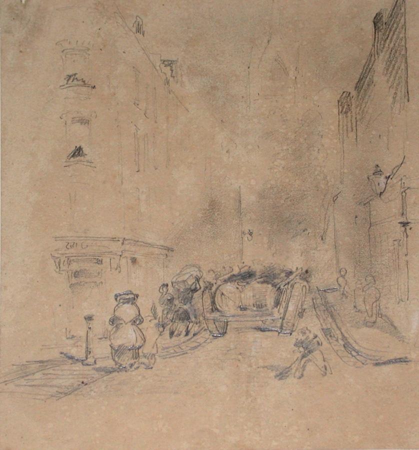 Un trottoir dans la cité ; Album de dessins : Voyage en Angleterre, Quadrille de Marie Stuart et Camp de Lunéville, volume in-folio oblong, maroquin rouge., Эжен Луи Лами, 1827
