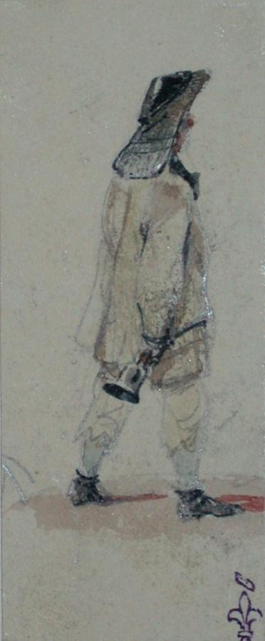 Homme de dos ; Album de dessins : Voyage en Angleterre, Quadrille de Marie Stuart et Camp de Lunéville, volume in-folio oblong, maroquin rouge., Эжен Луи Лами