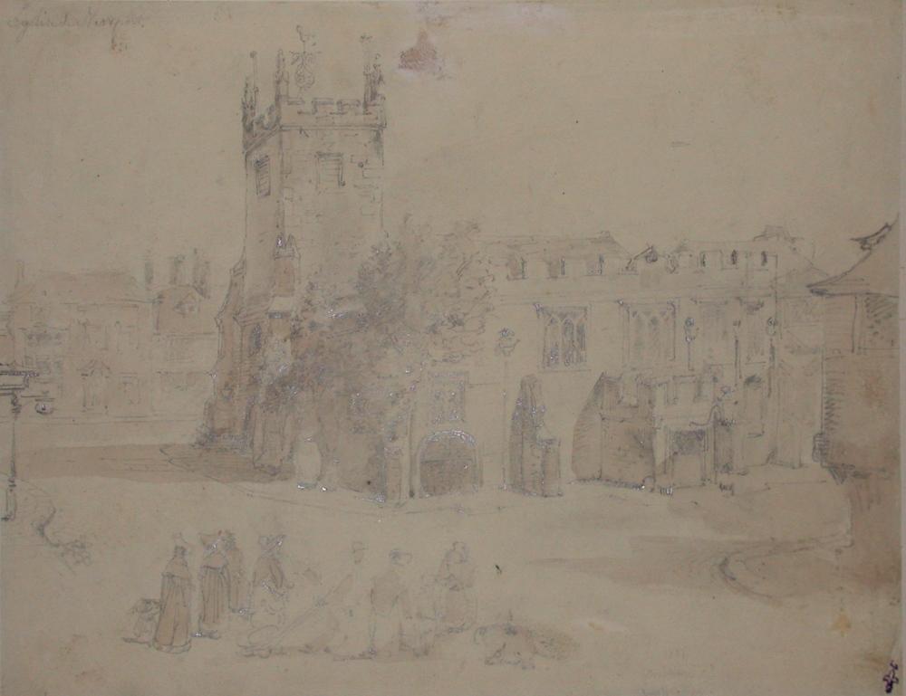 Eglise de Newport ; Album de dessins : Voyage en Angleterre, Quadrille de Marie Stuart et Camp de Lunéville, volume in-folio oblong, maroquin rouge., Эжен Луи Лами