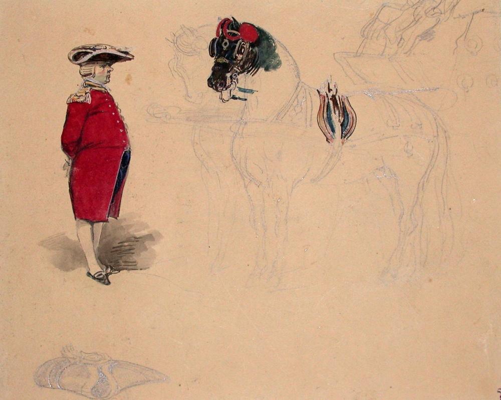 Etude d'homme en redingote rouge et chevaux ; Album de dessins : Voyage en Angleterre, Quadrille de Marie Stuart et Camp de Lunéville, volume in-folio oblong, maroquin rouge., Эжен Луи Лами