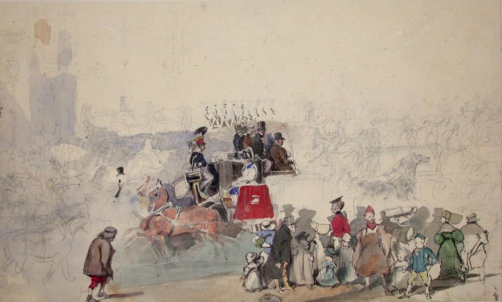 Une grande rue à cinq heures du soir ; Album de dessins : Voyage en Angleterre, Quadrille de Marie Stuart et Camp de Lunéville, volume in-folio oblong, maroquin rouge., Эжен Луи Лами, 1827