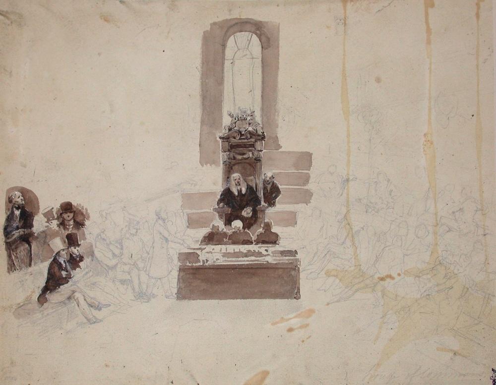Chambre des communes du Royaume-Uni (recto); Croquis d'une calèche (verso) ; Album de dessins : Voyage en Angleterre, Quadrille de Marie Stuart et Camp de Lunéville, volume in-folio oblong, maroquin rouge., Эжен Луи Лами