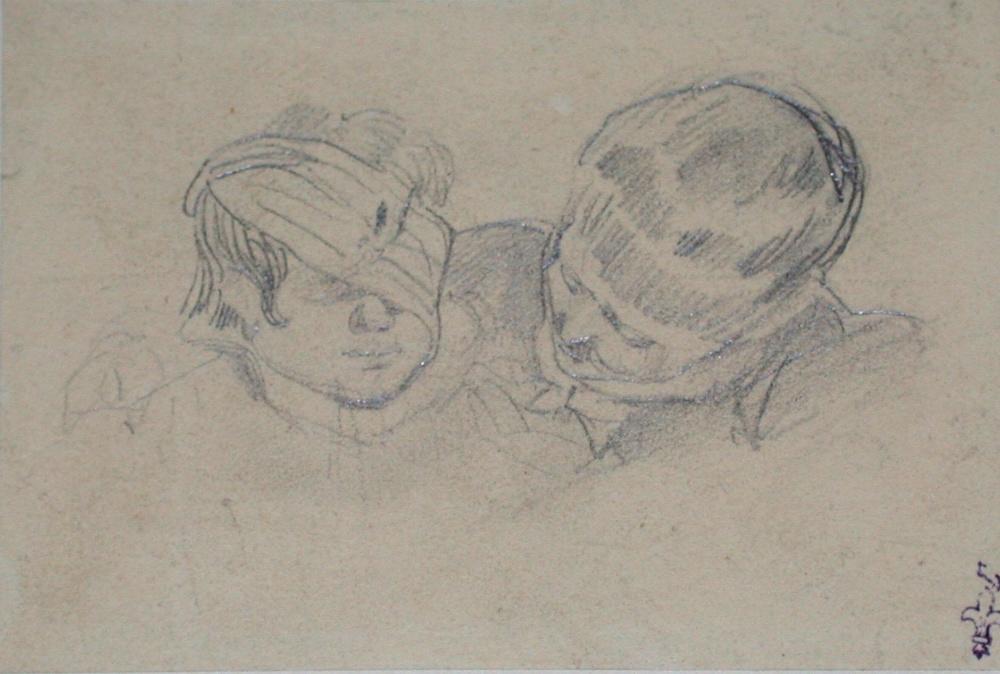 Mère enlaçant son enfant portant un bandage sur l'oeil ; Album de dessins : Voyage en Angleterre, Quadrille de Marie Stuart et Camp de Lunéville, volume in-folio oblong, maroquin rouge., Эжен Луи Лами