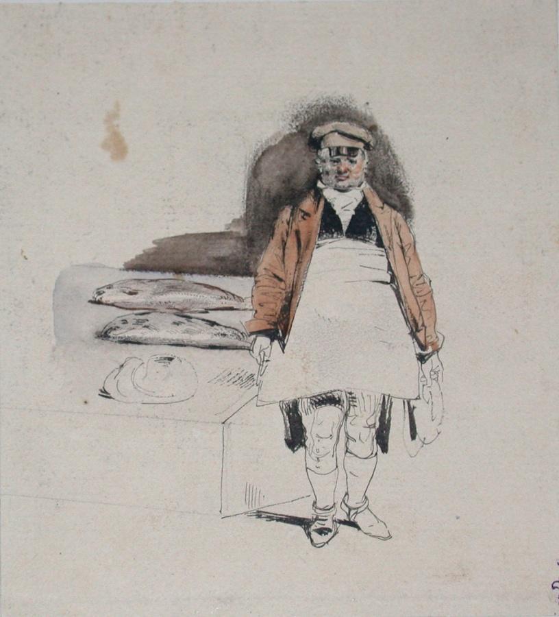 Un marchand de poisson ; Album de dessins : Voyage en Angleterre, Quadrille de Marie Stuart et Camp de Lunéville, volume in-folio oblong, maroquin rouge., Эжен Луи Лами
