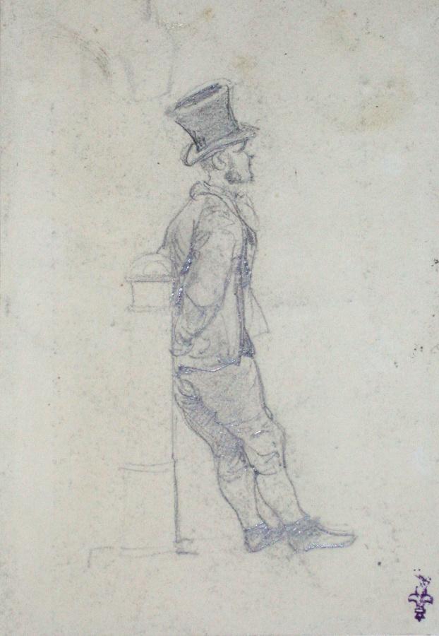 Homme adossé ; Album de dessins : Voyage en Angleterre, Quadrille de Marie Stuart et Camp de Lunéville, volume in-folio oblong, maroquin rouge., Эжен Луи Лами, 1827