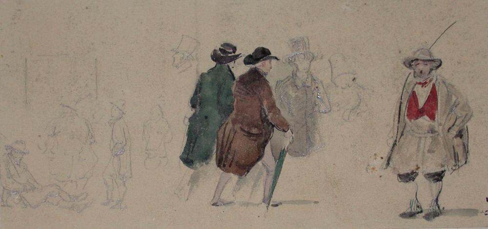 Hommes marchant dans la rue ; Album de dessins : Voyage en Angleterre, Quadrille de Marie Stuart et Camp de Lunéville, volume in-folio oblong, maroquin rouge., Эжен Луи Лами