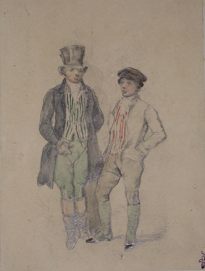 Etude de personnages pour l'Auberge et maison de poste. Voyage en Angleterre. ; Album de dessins : Voyage en Angleterre, Quadrille de Marie Stuart et Camp de Lunéville, volume in-folio oblong, maroquin rouge., Эжен Луи Лами, 1827