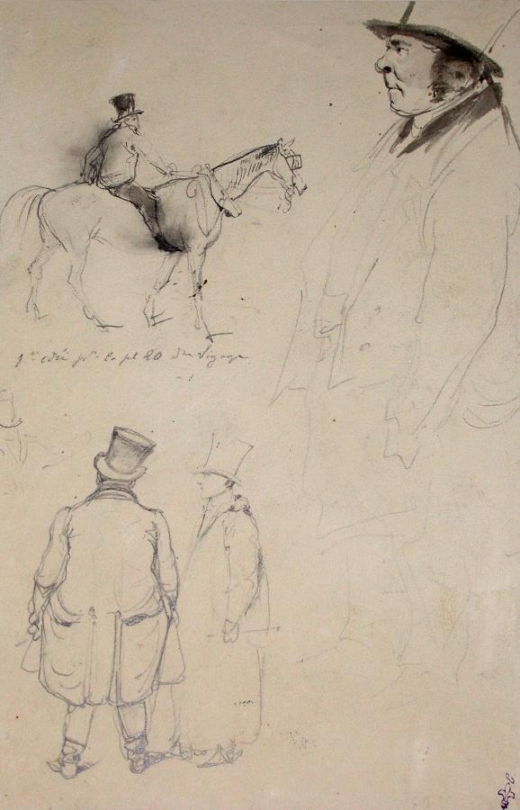 Etude pour personnages et cavalier. Arrestation par les Constables à Londres. Voyage en Angleterre ; Album de dessins : Voyage en Angleterre, Quadrille de Marie Stuart et Camp de Lunéville, volume in-folio oblong, maroquin rouge., Эжен Луи Лами, 1827