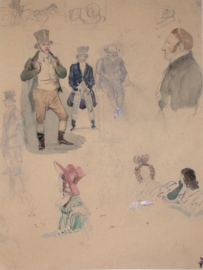 Divers croquis d'hommes et femmes ; Album de dessins : Voyage en Angleterre, Quadrille de Marie Stuart et Camp de Lunéville, volume in-folio oblong, maroquin rouge., Эжен Луи Лами