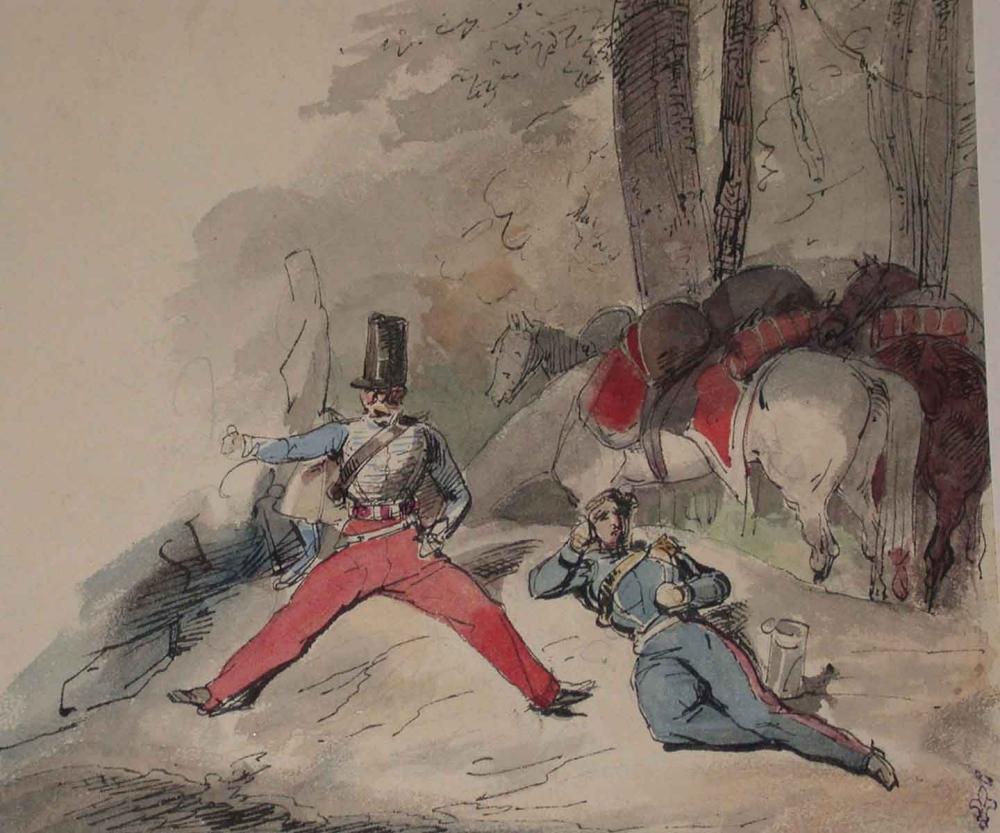 Bivouac sur la lisière d'un bois. Camp de Lunéville. ; Album de dessins : Voyage en Angleterre, Quadrille de Marie Stuart et Camp de Lunéville, volume in-folio oblong, maroquin rouge._0