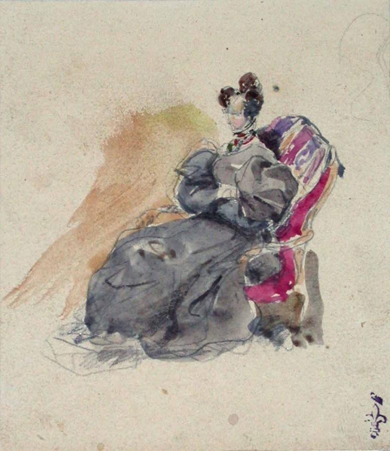 Esquisse pour un portrait de femme (Duchesse de Berry ?) ; Album de dessins : Voyage en Angleterre, Quadrille de Marie Stuart et Camp de Lunéville, volume in-folio oblong, maroquin rouge., Эжен Луи Лами