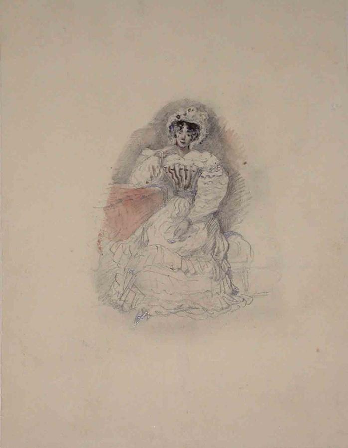 Portrait de femme ; Album de dessins : Voyage en Angleterre, Quadrille de Marie Stuart et Camp de Lunéville, volume in-folio oblong, maroquin rouge._0
