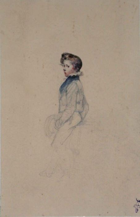 Portrait d'un enfant ; Album de dessins : Voyage en Angleterre, Quadrille de Marie Stuart et Camp de Lunéville, volume in-folio oblong, maroquin rouge., Эжен Луи Лами
