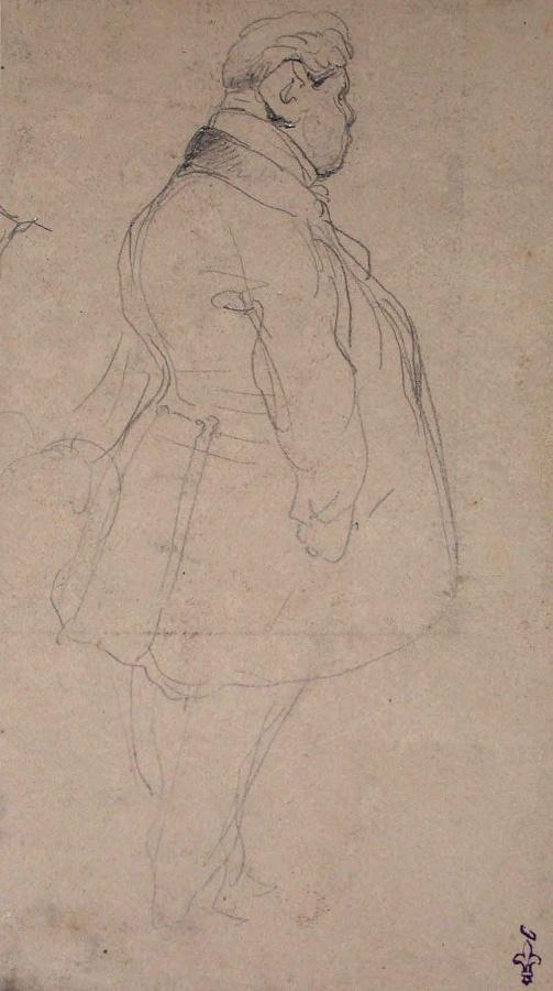 Esquisse pour un homme de profil ; Album de dessins : Voyage en Angleterre, Quadrille de Marie Stuart et Camp de Lunéville, volume in-folio oblong, maroquin rouge., Эжен Луи Лами