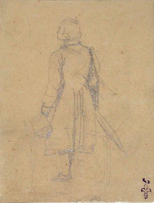 Homme de dos tenant son chapeau et son parapluie ; Album de dessins : Voyage en Angleterre, Quadrille de Marie Stuart et Camp de Lunéville, volume in-folio oblong, maroquin rouge., Эжен Луи Лами, 1827