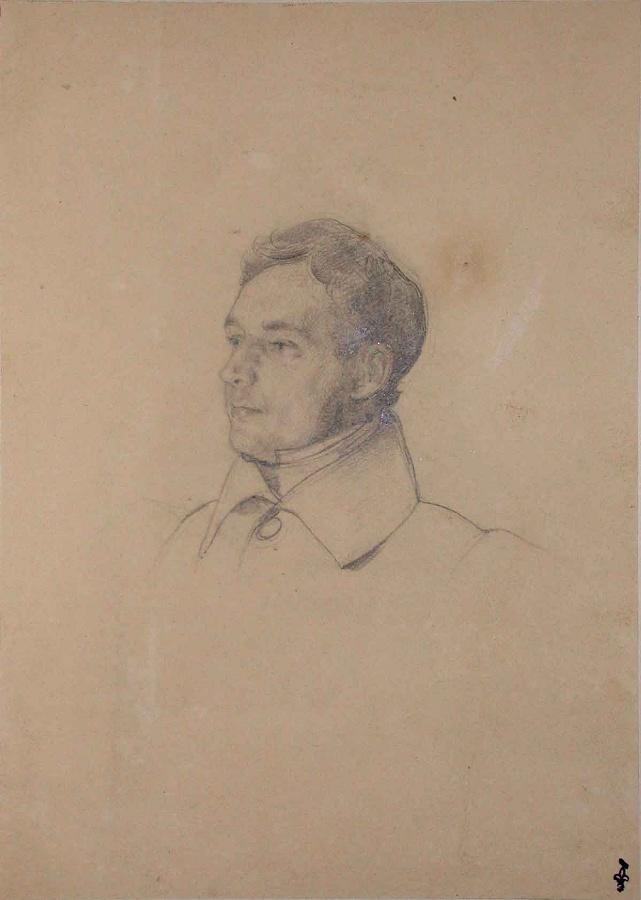Portrait d'homme ; Album de dessins : Voyage en Angleterre, Quadrille de Marie Stuart et Camp de Lunéville, volume in-folio oblong, maroquin rouge., Эжен Луи Лами