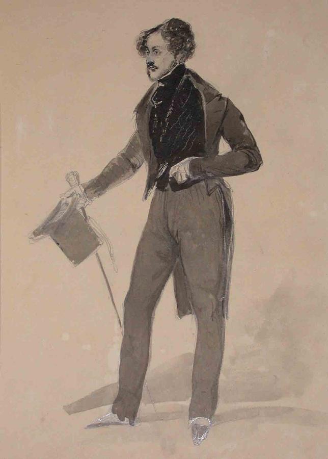 Portrait d'homme avec canne et haut-de-forme (recto); esquisse pour différents personnages (verso) ; Album de dessins : Voyage en Angleterre, Quadrille de Marie Stuart et Camp de Lunéville, volume in-folio oblong, maroquin rouge., Эжен Луи Лами