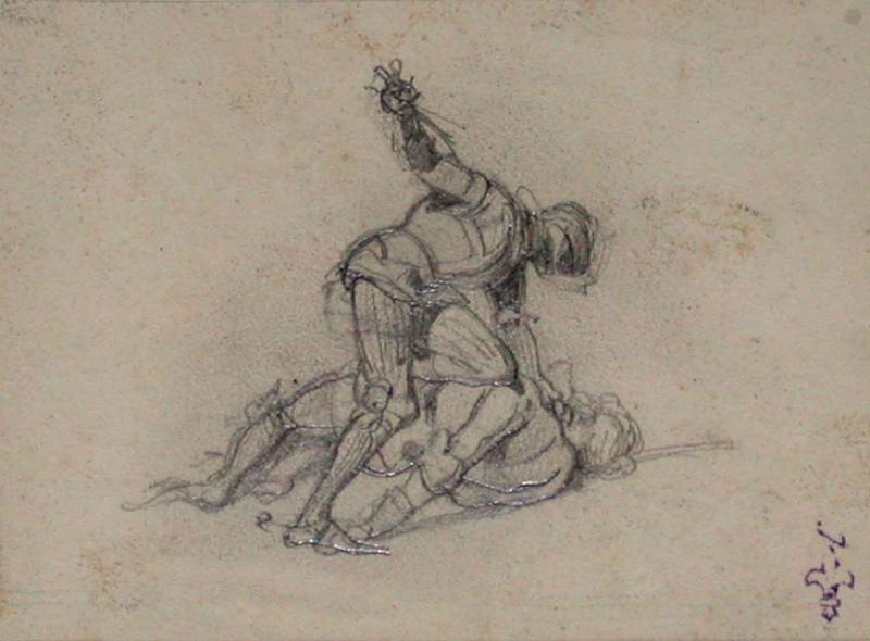 Combat de deux hommes en armure ; Album de dessins : Voyage en Angleterre, Quadrille de Marie Stuart et Camp de Lunéville, volume in-folio oblong, maroquin rouge., Эжен Луи Лами