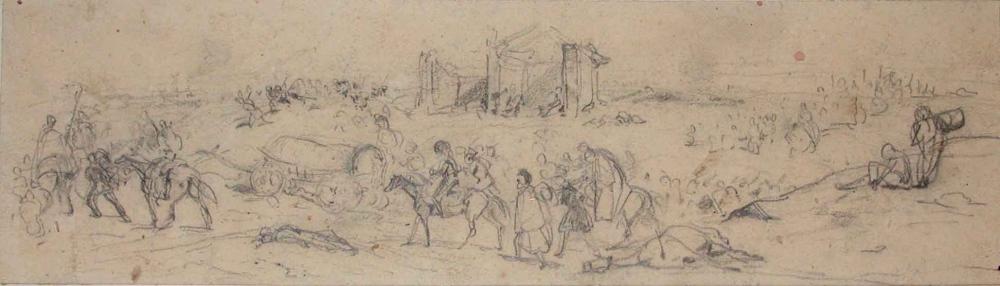 Personnages quittant un champ de bataille ; Album de dessins : Voyage en Angleterre, Quadrille de Marie Stuart et Camp de Lunéville, volume in-folio oblong, maroquin rouge., Эжен Луи Лами