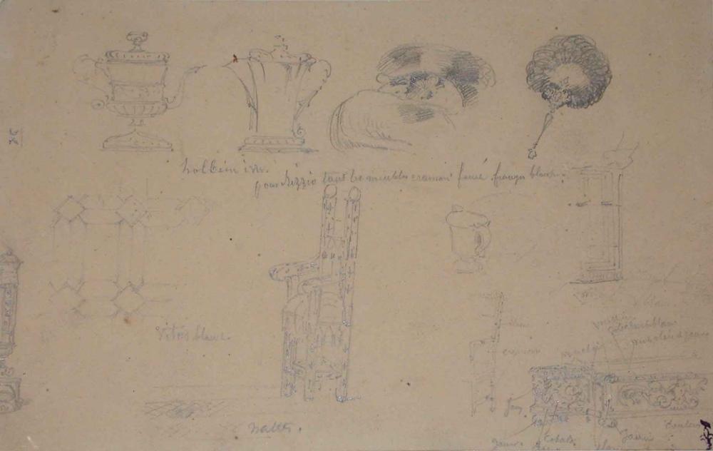 Etudes de mobilier et différents objets avec indications de couleurs ; Album de dessins : Voyage en Angleterre, Quadrille de Marie Stuart et Camp de Lunéville, volume in-folio oblong, maroquin rouge., Эжен Луи Лами