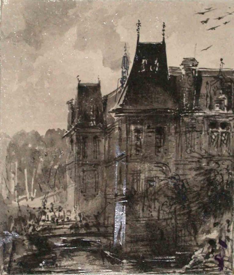 Vue d'un château avec un pont ; Album de dessins : Voyage en Angleterre, Quadrille de Marie Stuart et Camp de Lunéville, volume in-folio oblong, maroquin rouge., Эжен Луи Лами