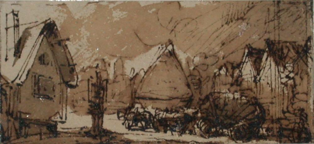 Charrette dans un village ; Album de dessins : Voyage en Angleterre, Quadrille de Marie Stuart et Camp de Lunéville, volume in-folio oblong, maroquin rouge., Эжен Луи Лами