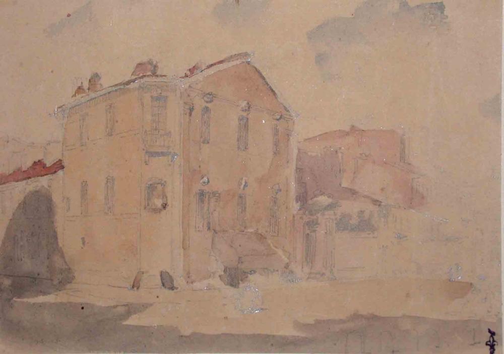 Vue d' une grande rue ; Album de dessins : Voyage en Angleterre, Quadrille de Marie Stuart et Camp de Lunéville, volume in-folio oblong, maroquin rouge., Эжен Луи Лами