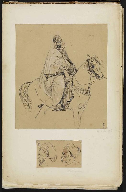 Deux études de têtes d'hommes arabes de profil, Félix Philippoteaux, 1840