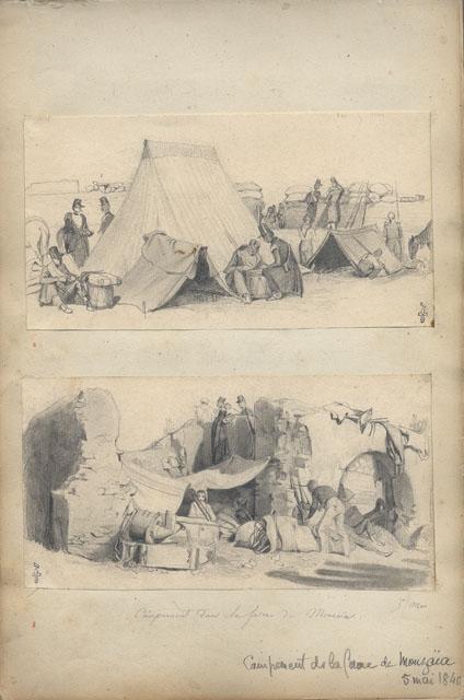 Campement dans la ferme de Mouzaïa 5 mai 1840, Félix Philippoteaux, 1840 /05 /05
