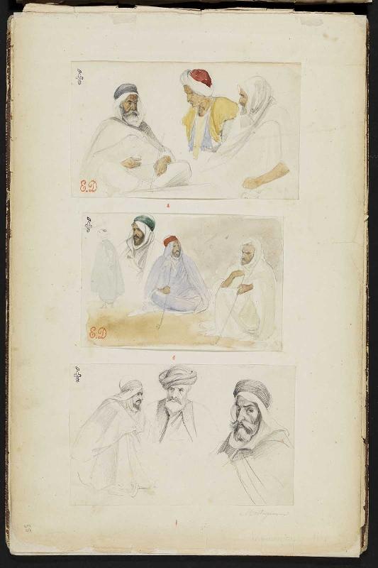 Trois hommes arabes assis, Félix Philippoteaux, 1840