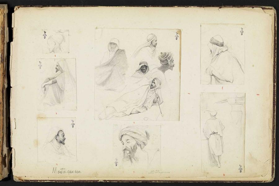 Cinq études d'hommes arabes dont l'un fumant le narghilé, Félix Philippoteaux, 1840