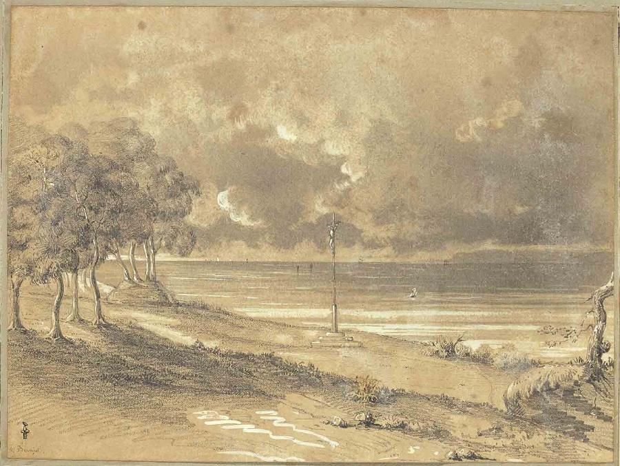 Calvaire de N.D de Grâce à Honfleur, au bord de mer, avec la mer au fond, Camille Bernier, 19e siècle