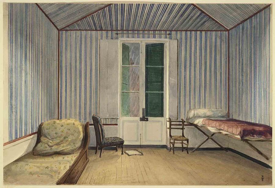 Vue intérieure de la chambre de la maison à Honfleur où le roi Louis-Philippe et la reine Marie-Amélie sont restés du 26 février au 2 mars 1848, Auguste Borget, 1848