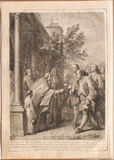 Monseigneur le Duc de Chartres passe à N. Dame de Gournay où il est reçu à la porte de l'Eglise par MRE JEAN / BAPTISTE THOMAS DU TAILLIS curé qui l'attendoit à la tête du Clergé et célébra la messe en présence de SON ALTESSE / pour demander à Dieu la conservation de ce prince dans la campagne qu'il va faire contre les ennemis de l'état le 27 avril 1744, Noël Halle, 1744